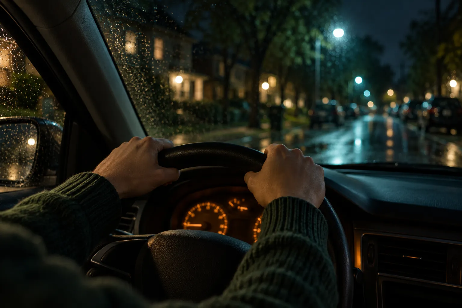 Nachts im geparkten Auto: Die Hände ruhen am Lenkrad, bevor es losgeht