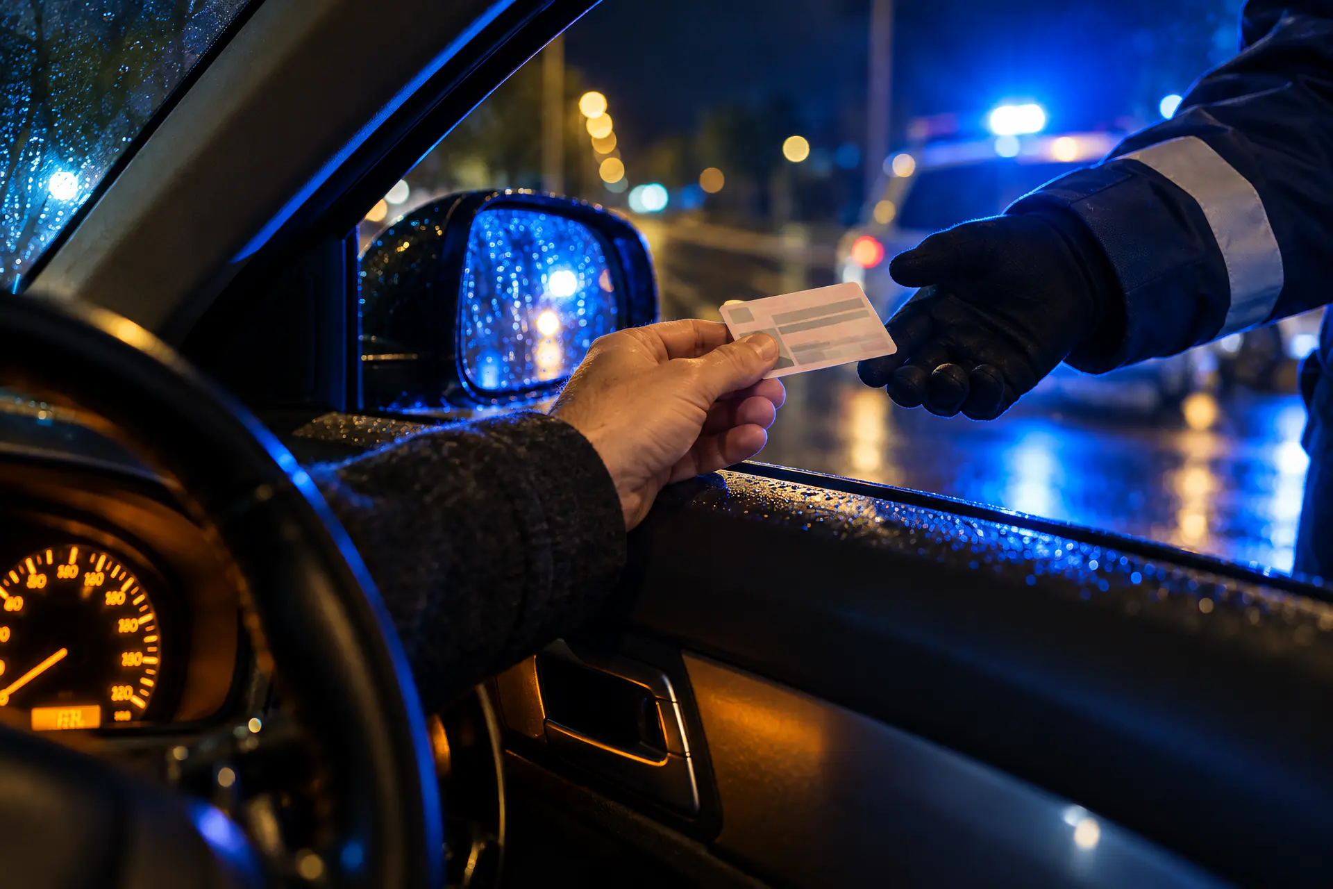 Nachts bei einer Verkehrskontrolle reicht ein Autofahrer seinen Führerschein durch das geöffnete Fenster
